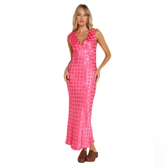 Jen’s Pirate Booty Hot Pink Wavecrest Check Jacquard Maxi‎ Dress Medium - Picture 1 of 8